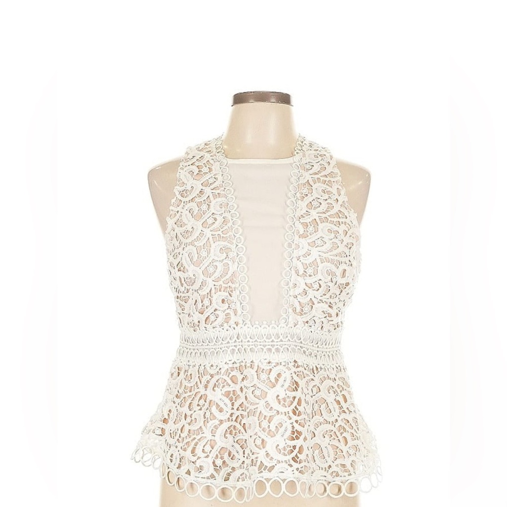 White Beautiful Sleeveless Lace Peplum Blouse - Picture 2 of 15